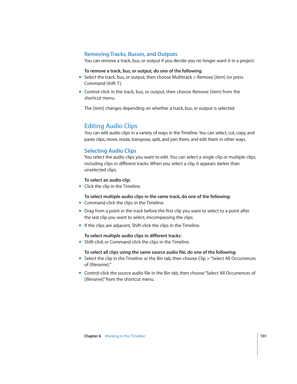 Removing tracks, busses, and outputs, Editing audio clips, Selecting audio clips | Apple Soundtrack User Manual | Page 101 / 209