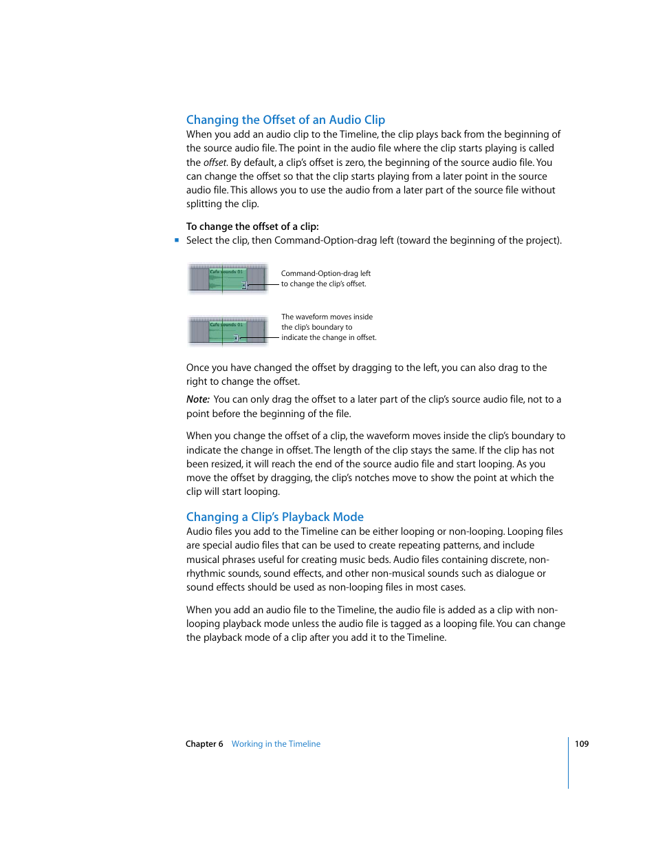 Changing the offset of an audio clip, Changing a clip’s playback mode | Apple Soundtrack User Manual | Page 109 / 209