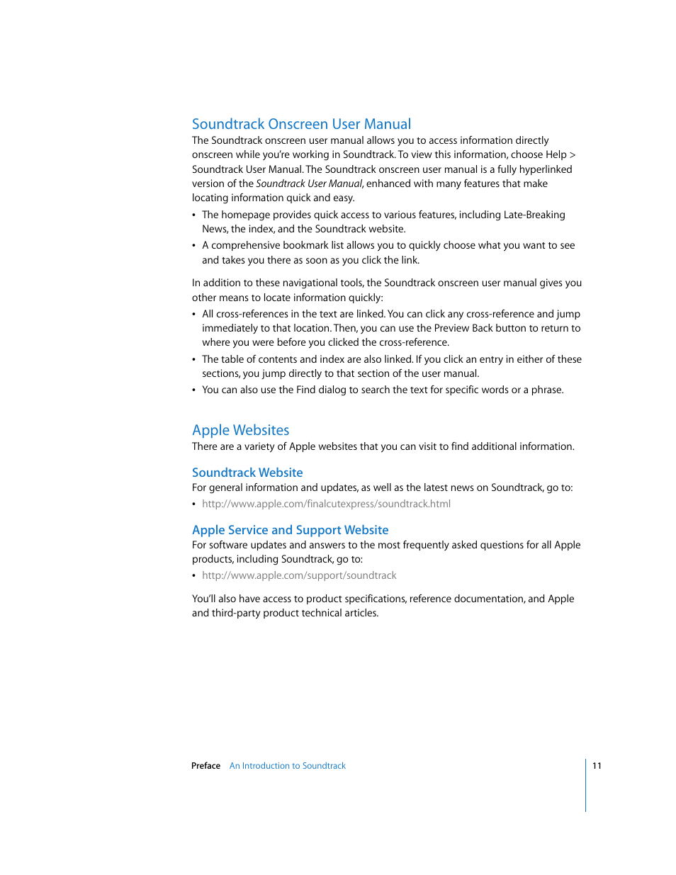 Soundtrack onscreen user manual, Apple websites, Soundtrack website | Apple service and support website | Apple Soundtrack User Manual | Page 11 / 209