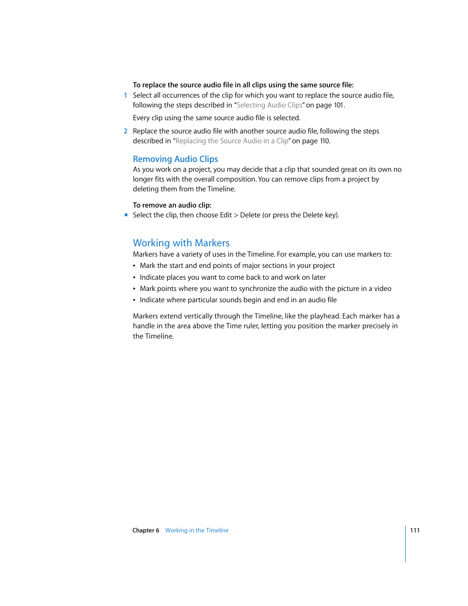 Removing audio clips, Working with markers | Apple Soundtrack User Manual | Page 111 / 209