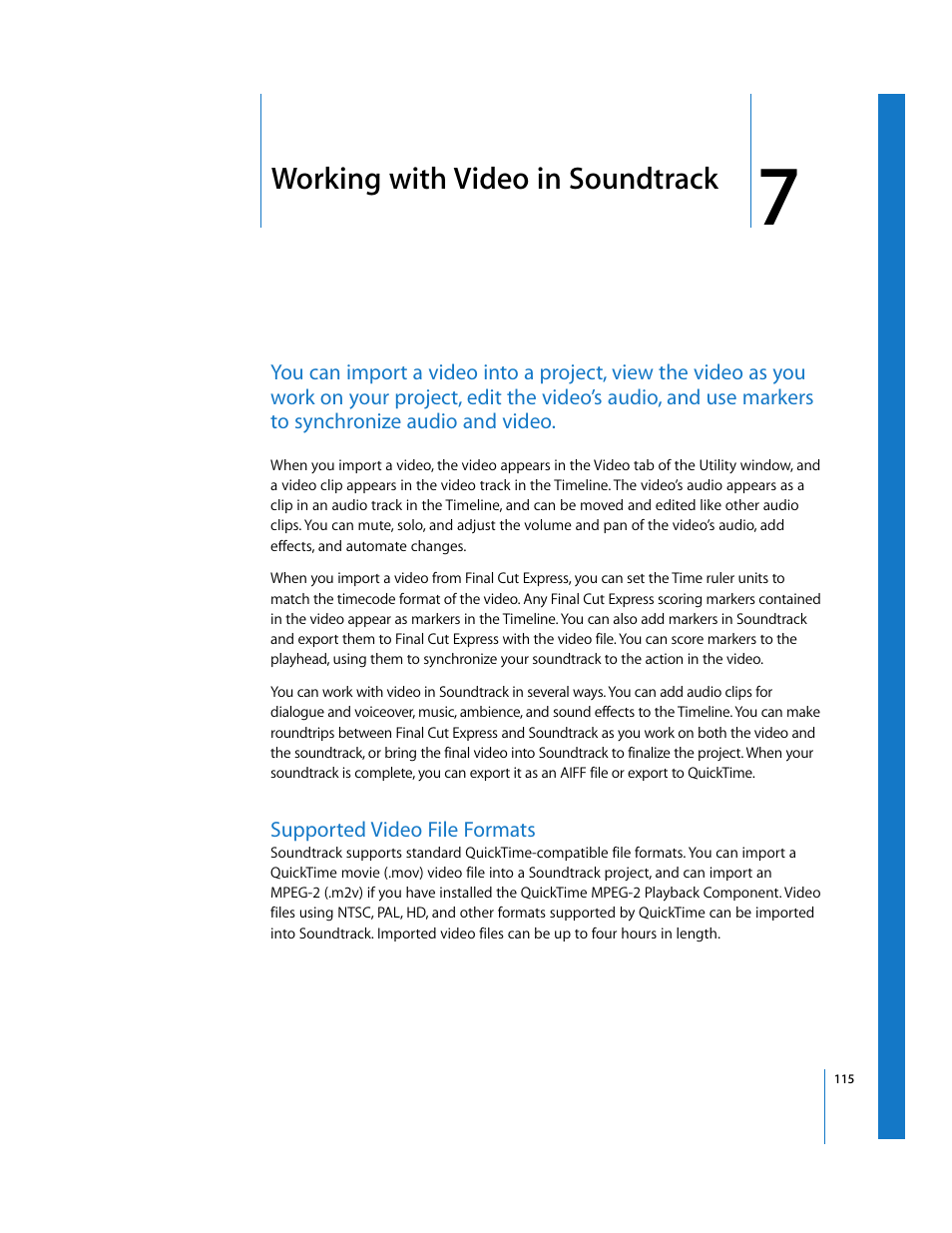 Working with video insoundtrack, Supported video file formats, Chapter 7 | Working with video in soundtrack, See chapter 7, Working with video, In soundtrack | Apple Soundtrack User Manual | Page 115 / 209