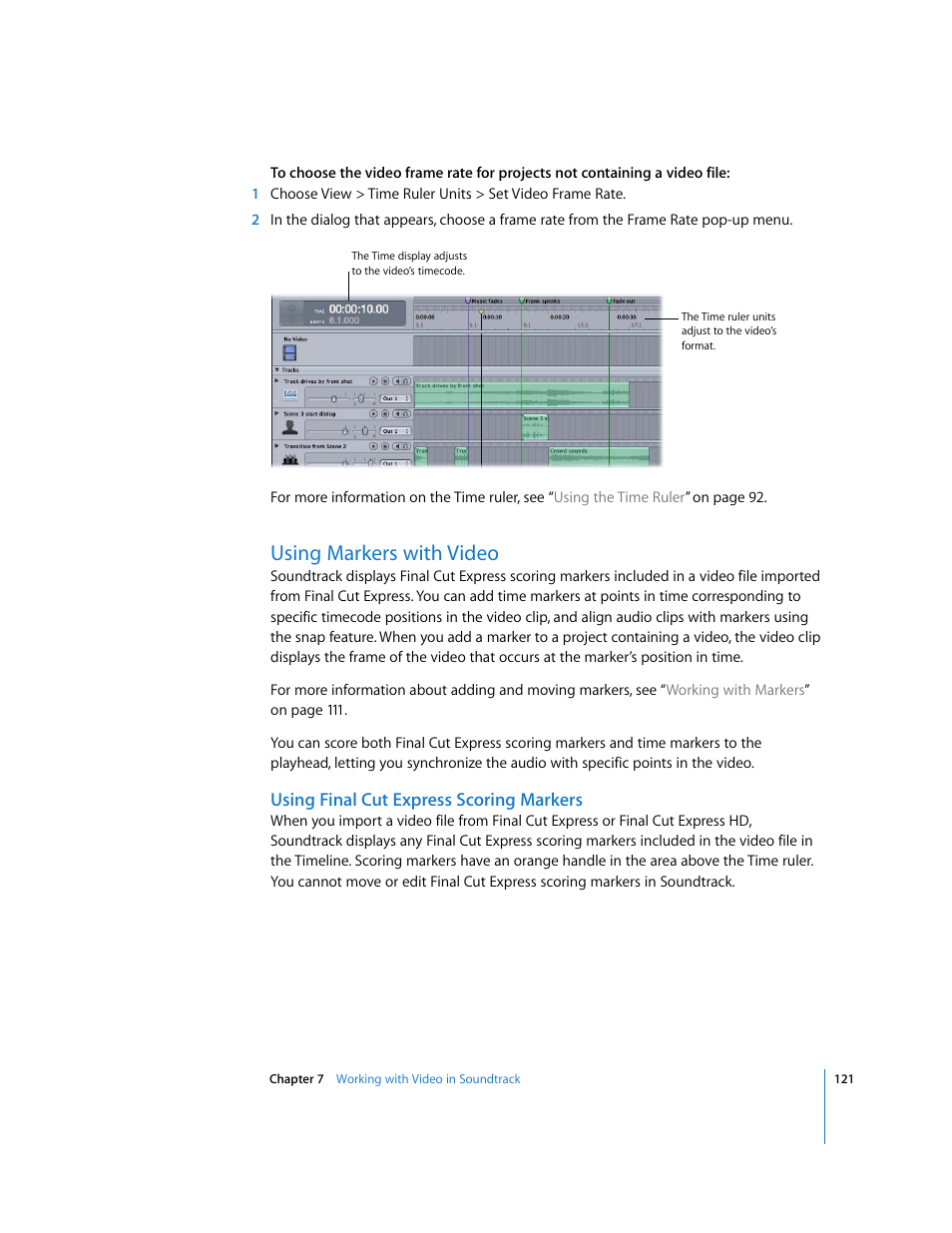 Using markers with video, Using finalcutexpress scoring markers, Using | Final cut express scoring markers | Apple Soundtrack User Manual | Page 121 / 209