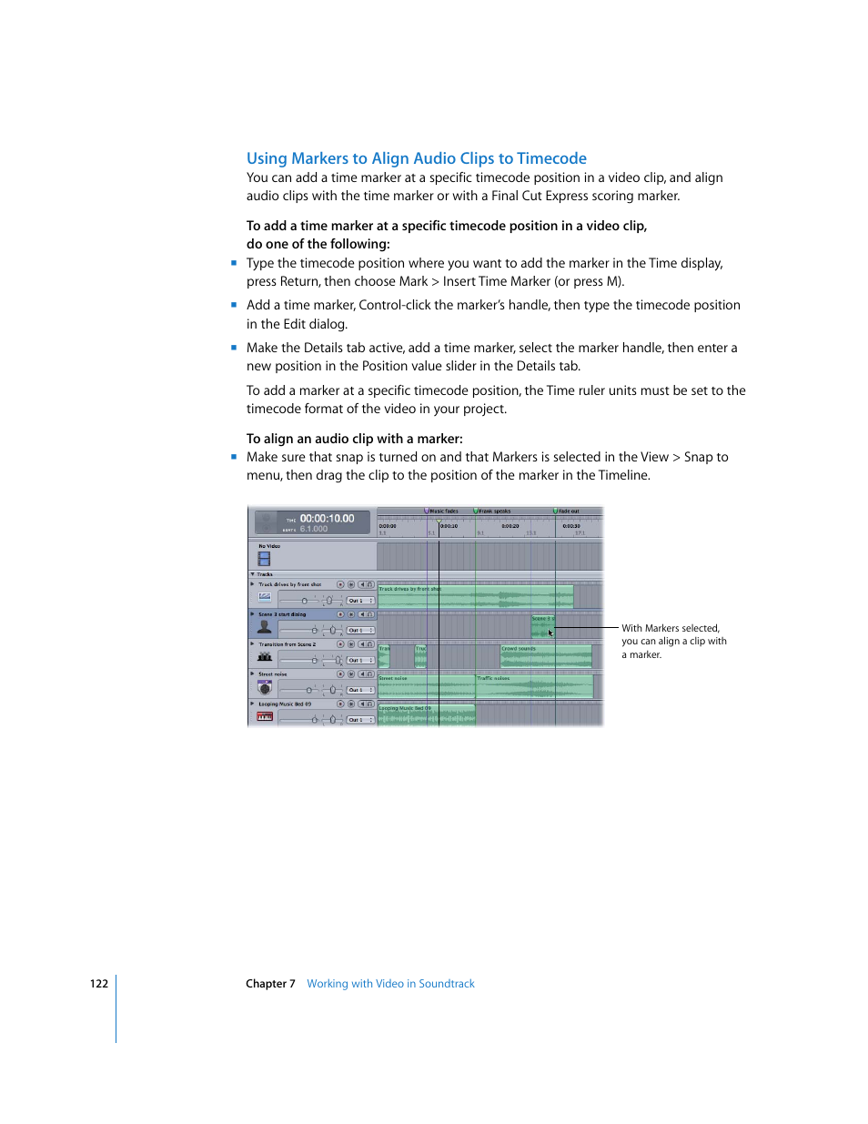 Using markers to align audio clips to timecode | Apple Soundtrack User Manual | Page 122 / 209