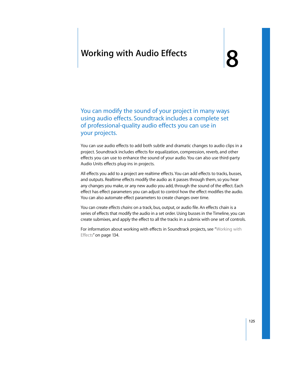Working with audio effects, Chapter 8, See chapter 8 | Working, With audio effects | Apple Soundtrack User Manual | Page 125 / 209