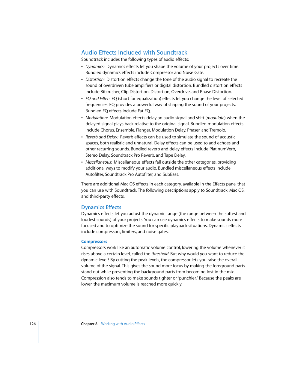 Audio effects included with soundtrack, Dynamics effects | Apple Soundtrack User Manual | Page 126 / 209
