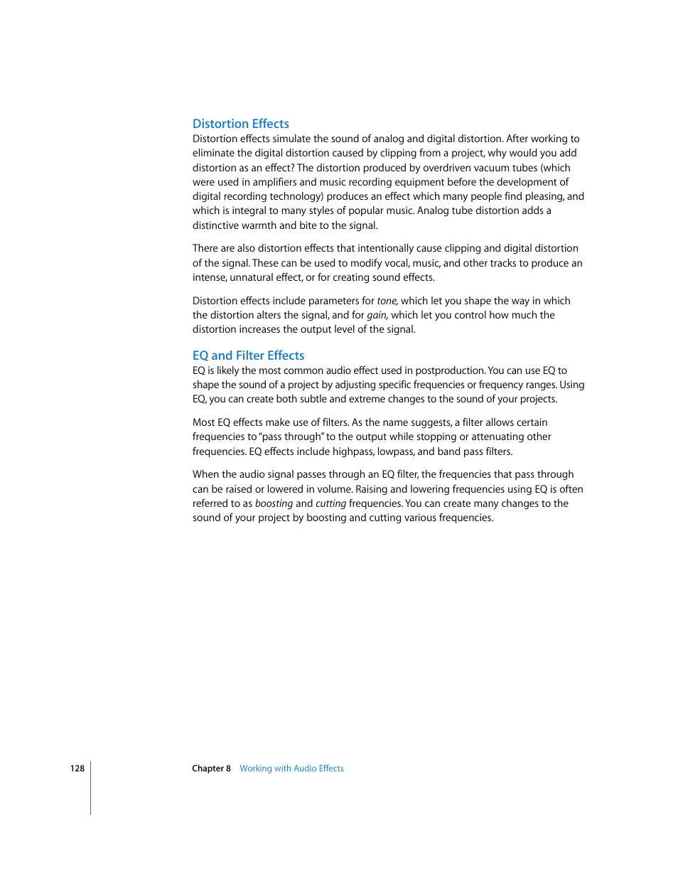 Distortion effects, Eq and filter effects | Apple Soundtrack User Manual | Page 128 / 209