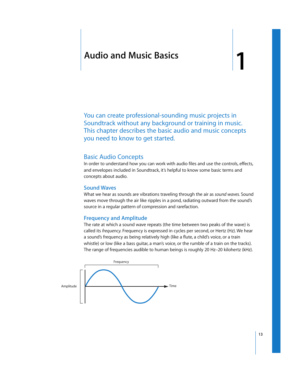 Audio and music basics, Basic audio concepts, Sound waves | Frequency and amplitude, Chapter 1 | Apple Soundtrack User Manual | Page 13 / 209