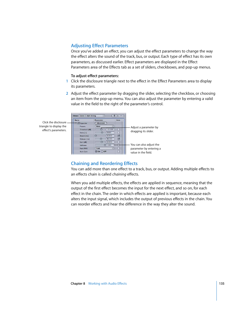 Adjusting effect parameters, Chaining and reordering effects | Apple Soundtrack User Manual | Page 135 / 209