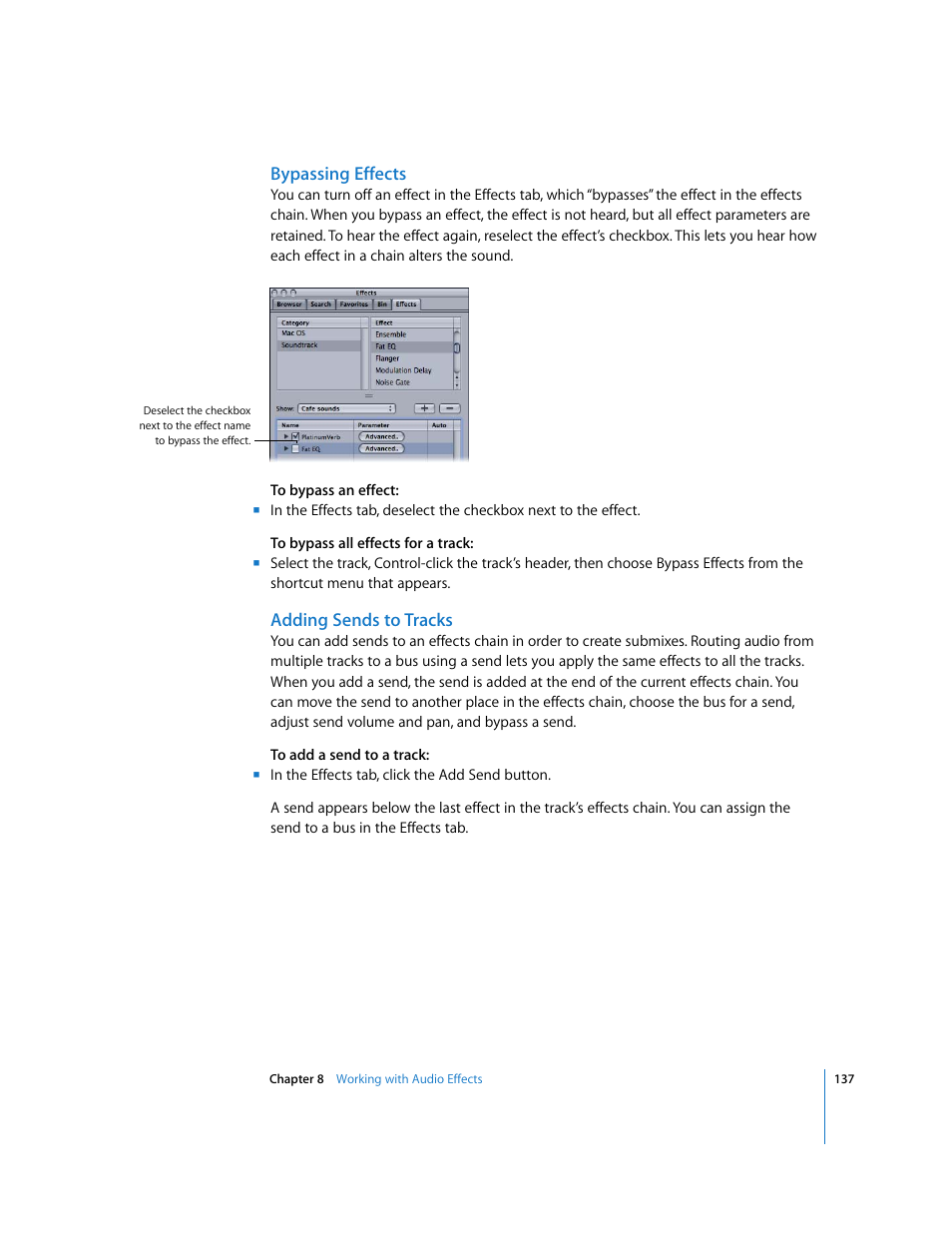 Bypassing effects, Adding sends to tracks | Apple Soundtrack User Manual | Page 137 / 209