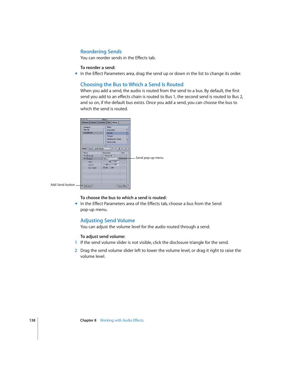 Reordering sends, Choosing the bus to which a send is routed, Adjusting send volume | Apple Soundtrack User Manual | Page 138 / 209