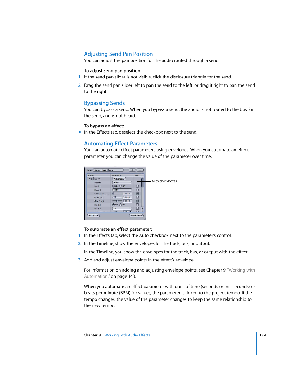 Adjusting send pan position, Bypassing sends, Automating effect parameters | Apple Soundtrack User Manual | Page 139 / 209