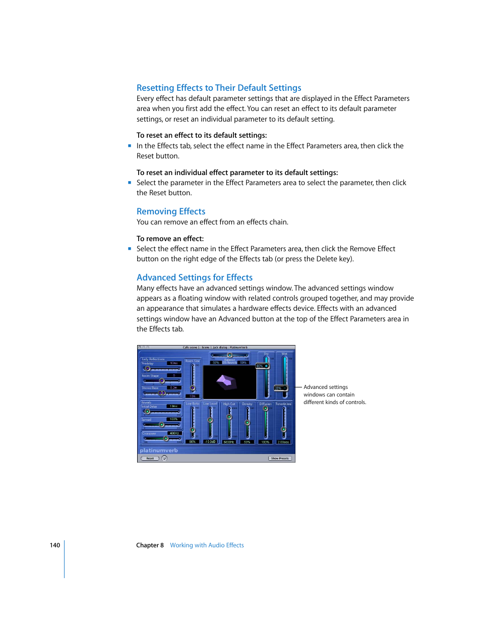Resetting effects to their default settings, Removing effects, Advanced settings for effects | Apple Soundtrack User Manual | Page 140 / 209