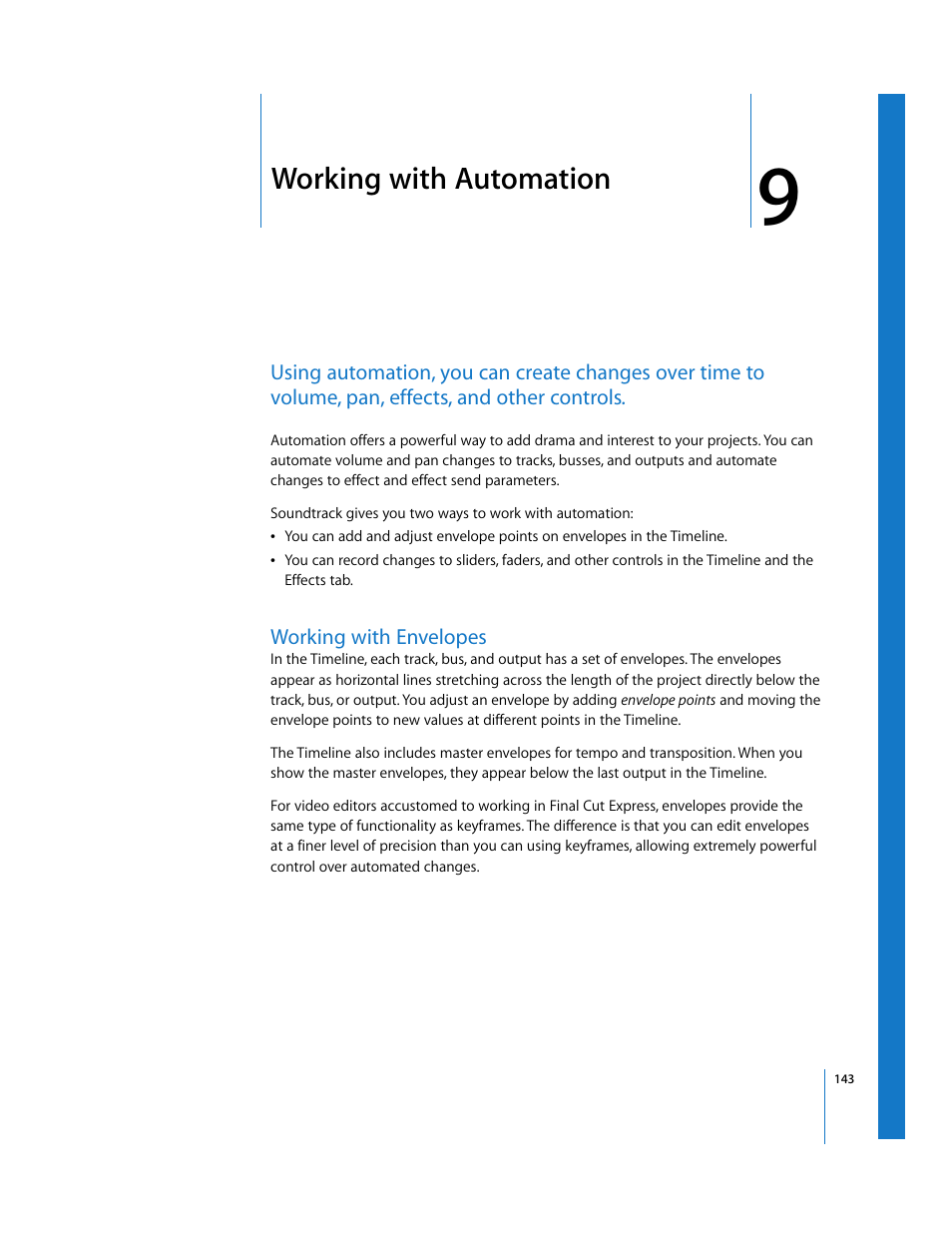 Working with automation, Working with envelopes, Chapter 9 | See chapter 9, Working with, Automation | Apple Soundtrack User Manual | Page 143 / 209