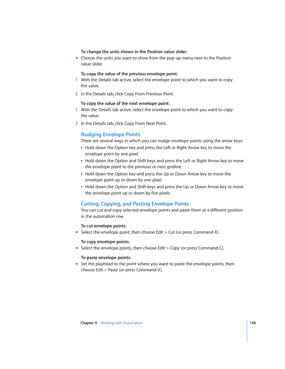 Nudging envelope points, Cutting, copying, and pasting envelope points | Apple Soundtrack User Manual | Page 149 / 209
