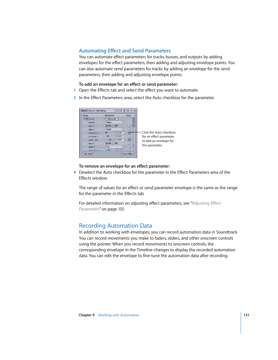 Automating effect and send parameters, Recording automation data | Apple Soundtrack User Manual | Page 151 / 209