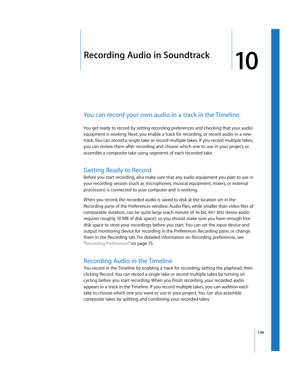 Recording audio insoundtrack, Getting ready to record, Recording audio in the timeline | Chapter 10, Recording audio in soundtrack | Apple Soundtrack User Manual | Page 159 / 209