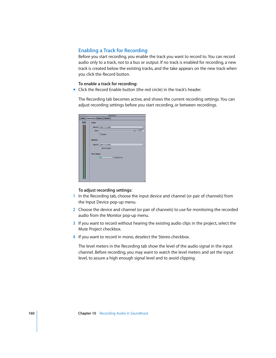 Enabling a track for recording | Apple Soundtrack User Manual | Page 160 / 209