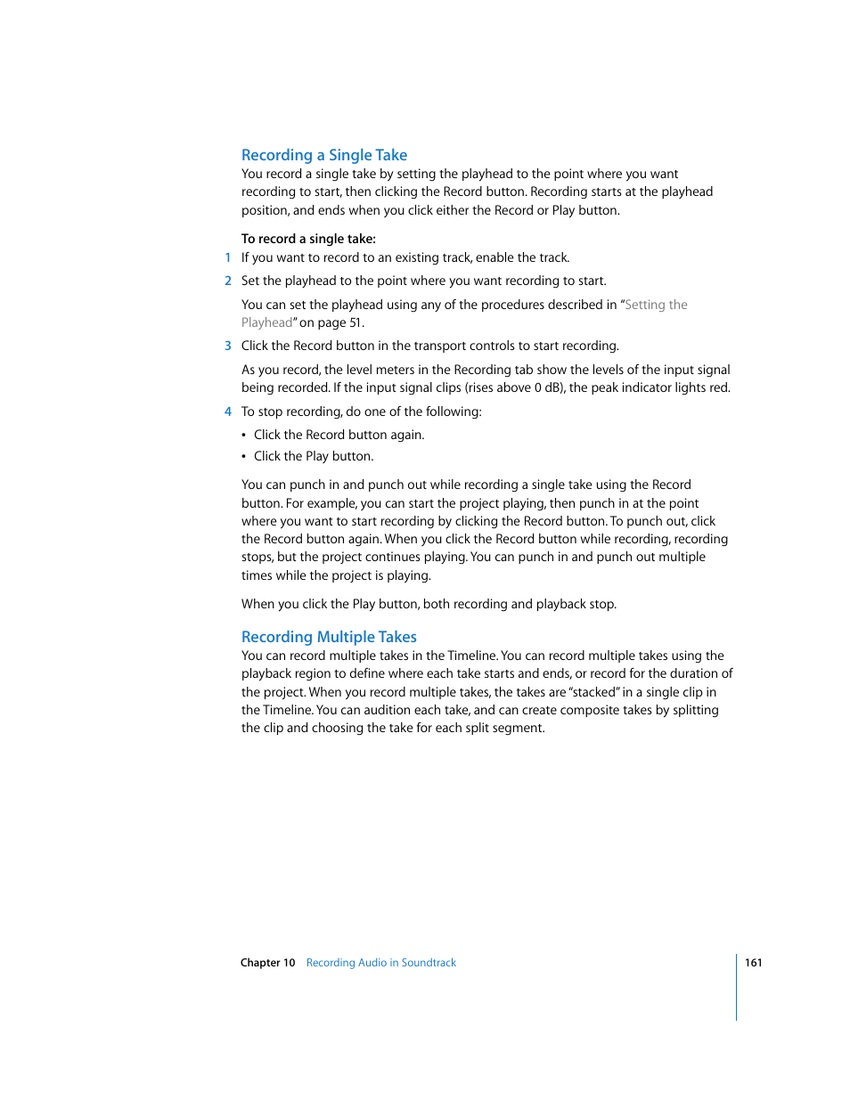 Recording a single take, Recording multiple takes | Apple Soundtrack User Manual | Page 161 / 209