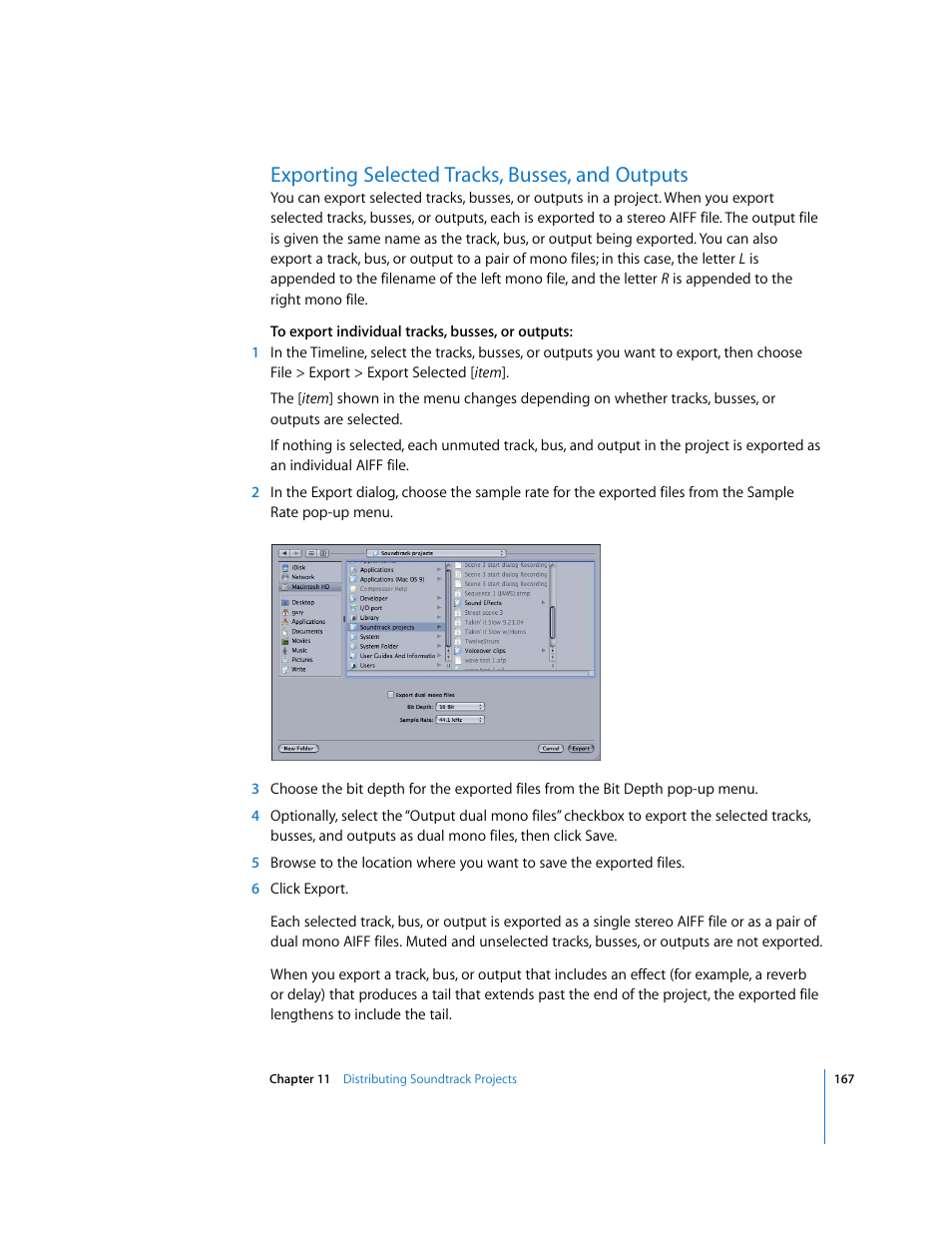 Exporting selected tracks, busses, and outputs | Apple Soundtrack User Manual | Page 167 / 209