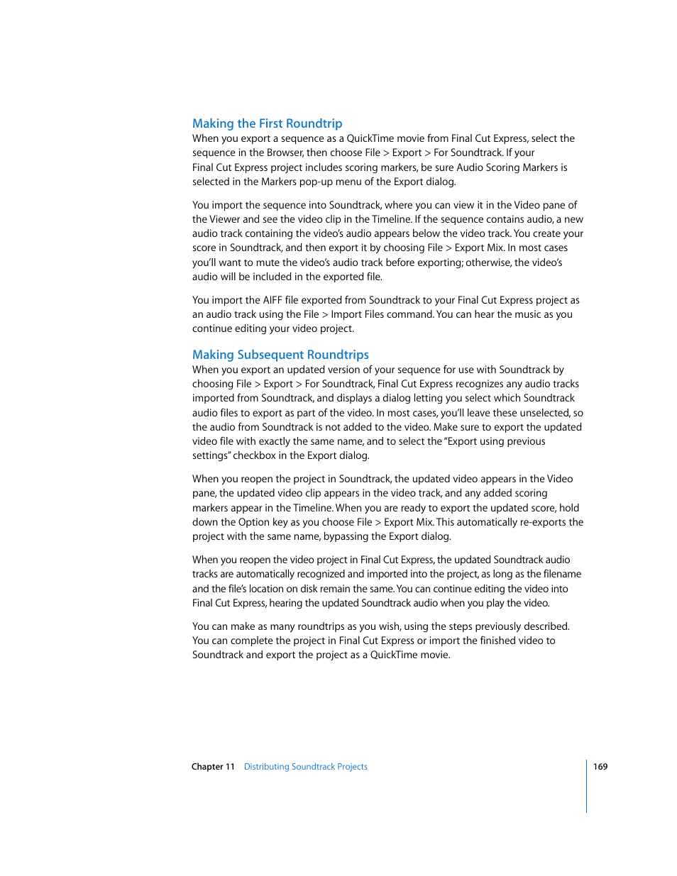 Making the first roundtrip, Making subsequent roundtrips | Apple Soundtrack User Manual | Page 169 / 209