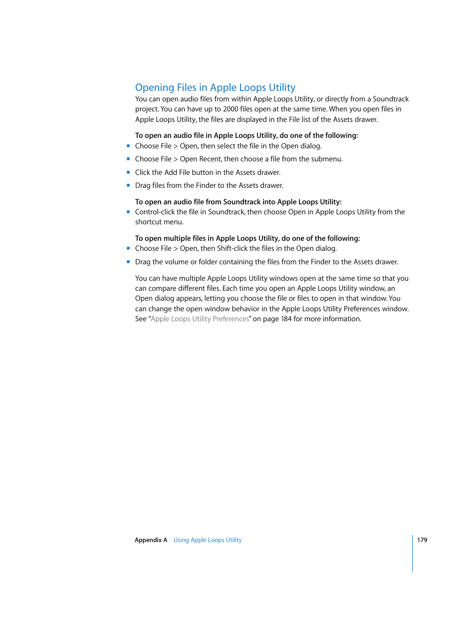 Opening files in appleloopsutility, Opening files in apple loops utility | Apple Soundtrack User Manual | Page 179 / 209