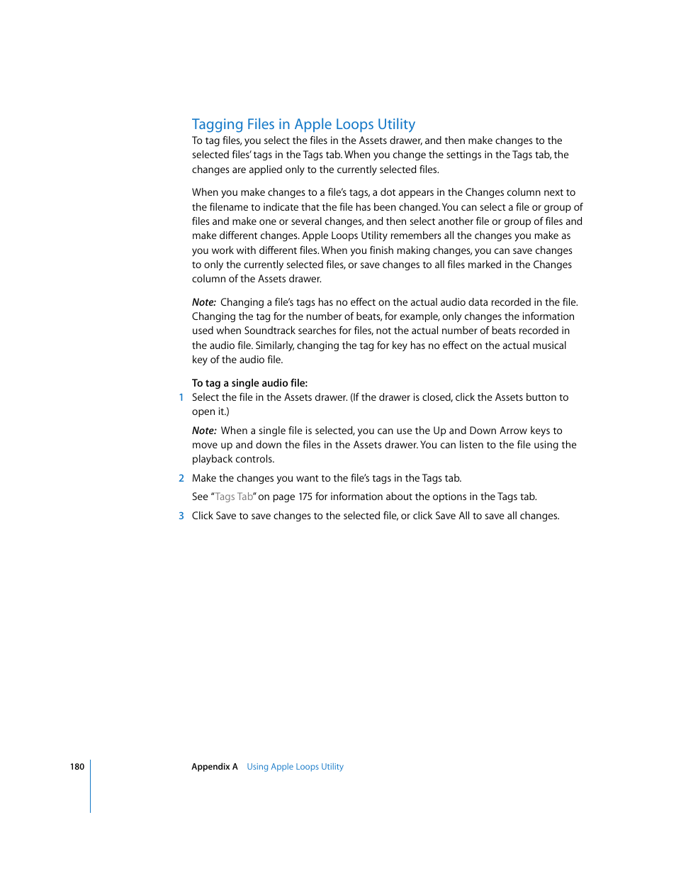 Tagging files in appleloopsutility, Tagging files in apple loops utility | Apple Soundtrack User Manual | Page 180 / 209