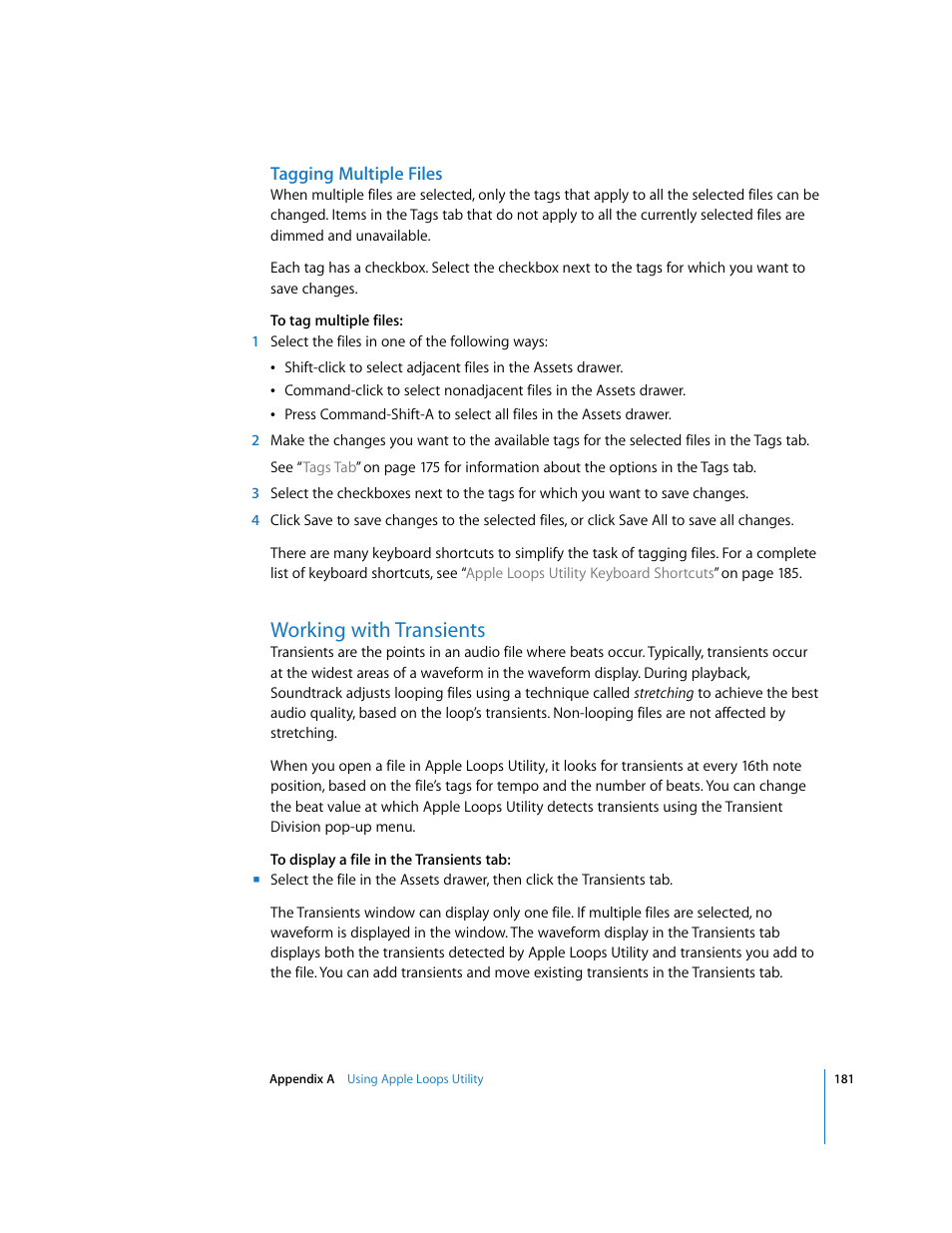 Tagging multiple files, Working with transients | Apple Soundtrack User Manual | Page 181 / 209