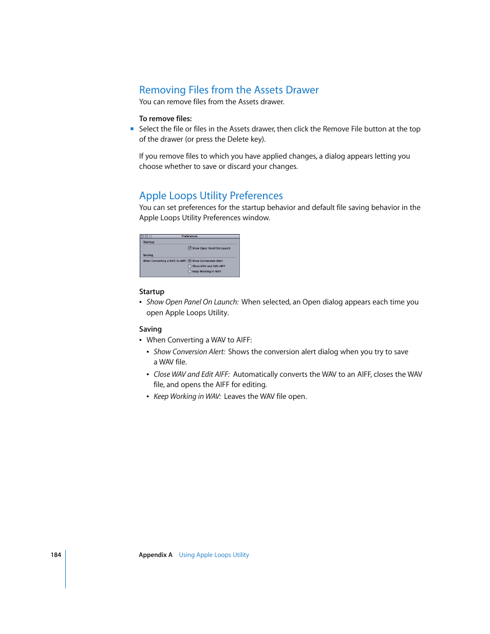 Removing files from the assets drawer, Appleloopsutility preferences, Apple loops utility preferences | Apple Soundtrack User Manual | Page 184 / 209
