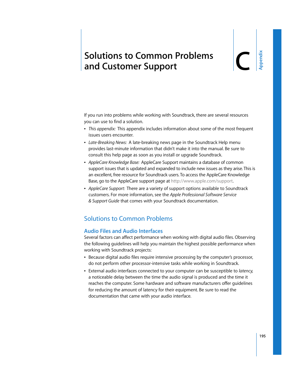 Solutions to common problems andcustomer support, Solutions to common problems, Audio files and audio interfaces | Appendix c, Solutions to common problems and customer support | Apple Soundtrack User Manual | Page 195 / 209