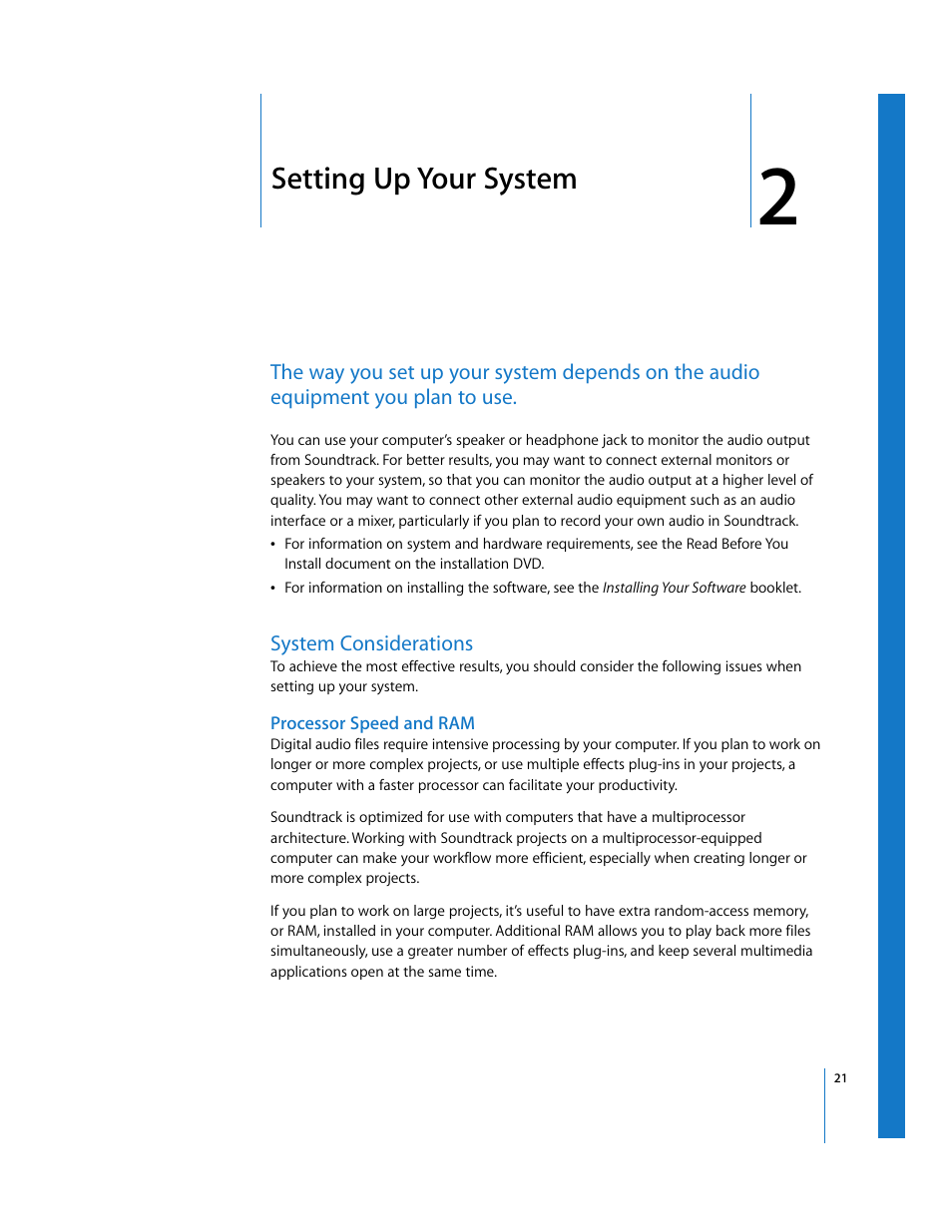 Setting up your system, System considerations, Processor speed and ram | Chapter 2, Ead chapter 2 | Apple Soundtrack User Manual | Page 21 / 209
