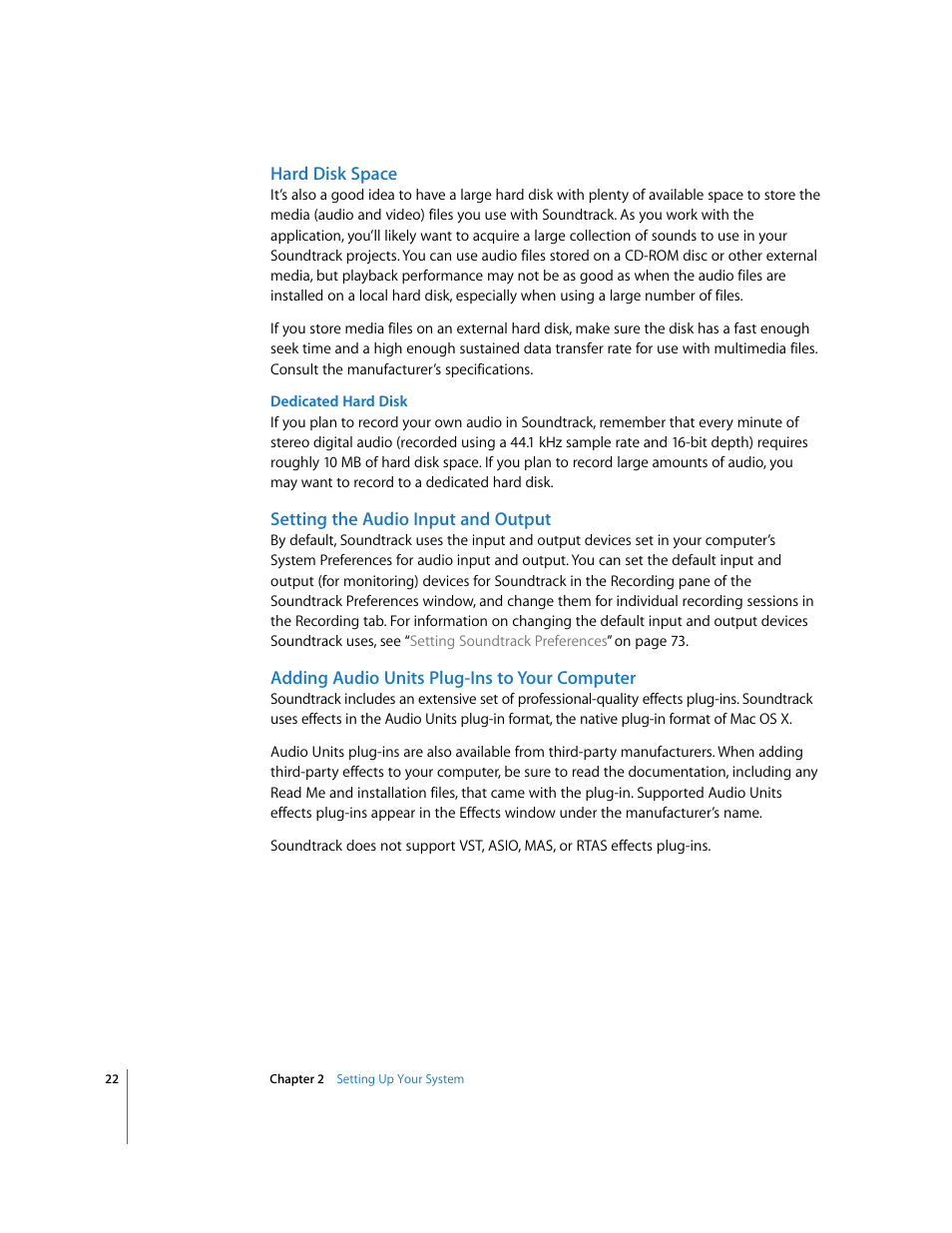 Hard disk space, Setting the audio input and output, Adding audio units plug-ins to your computer | Apple Soundtrack User Manual | Page 22 / 209