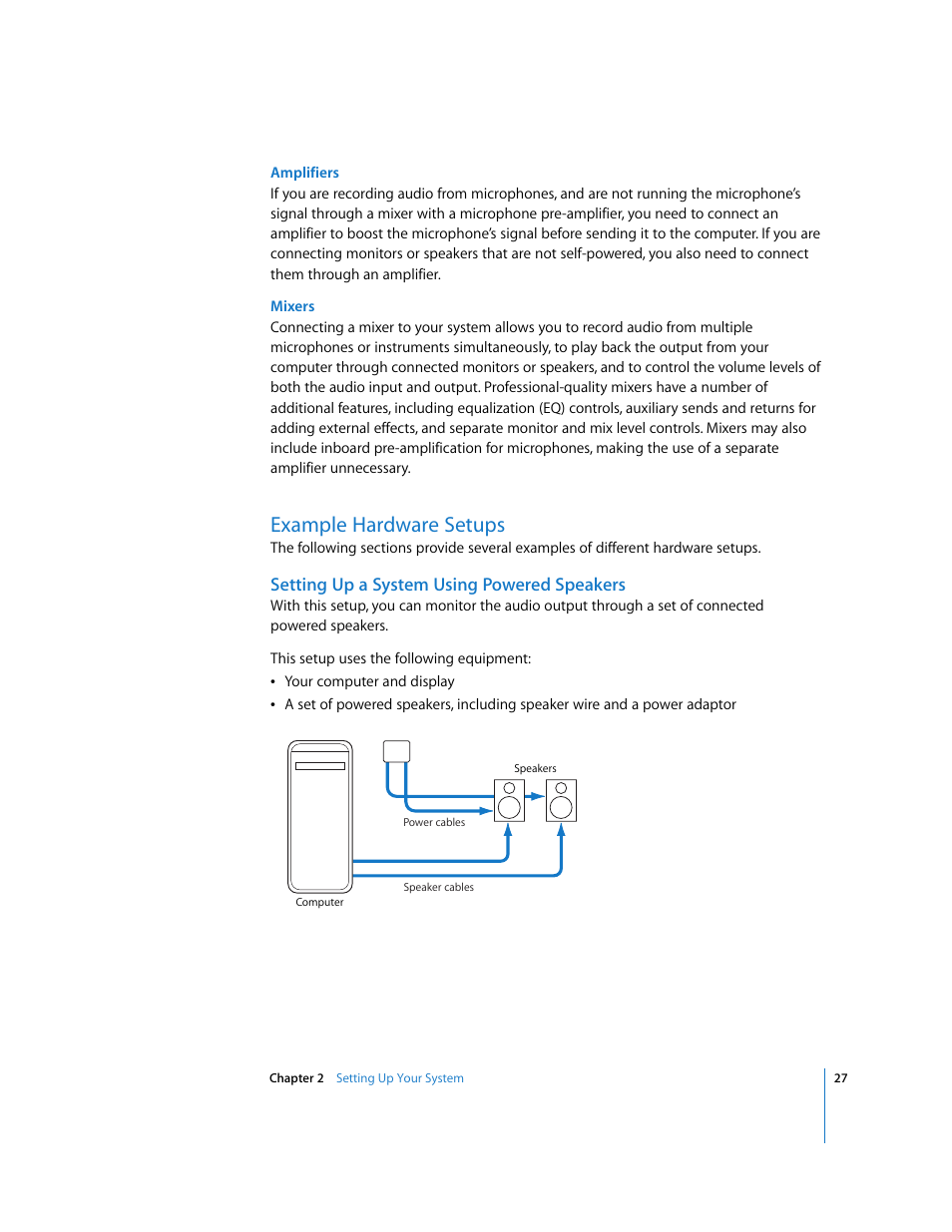 Example hardware setups, Setting up a system using powered speakers | Apple Soundtrack User Manual | Page 27 / 209