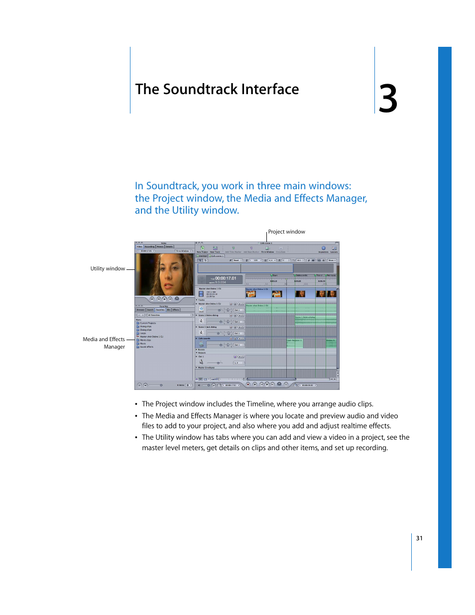 The soundtrack interface, Chapter 3, Ead chapter 3 | The soundtrack, Interface | Apple Soundtrack User Manual | Page 31 / 209