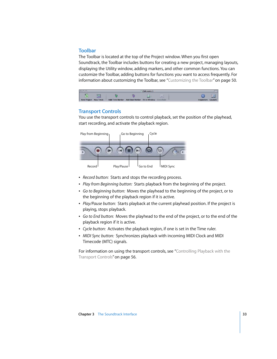 Toolbar, Transport controls | Apple Soundtrack User Manual | Page 33 / 209