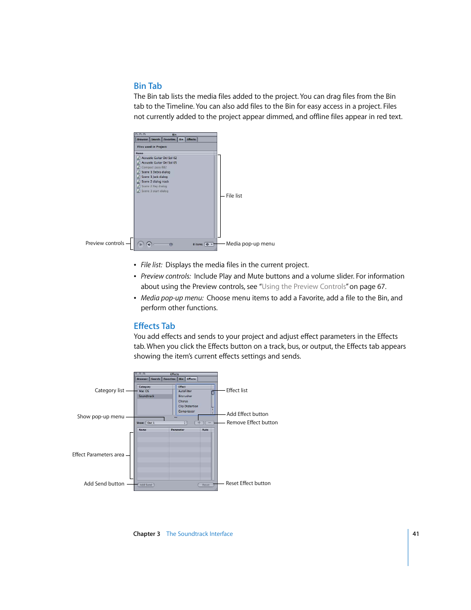 Bin tab, Effects tab | Apple Soundtrack User Manual | Page 41 / 209