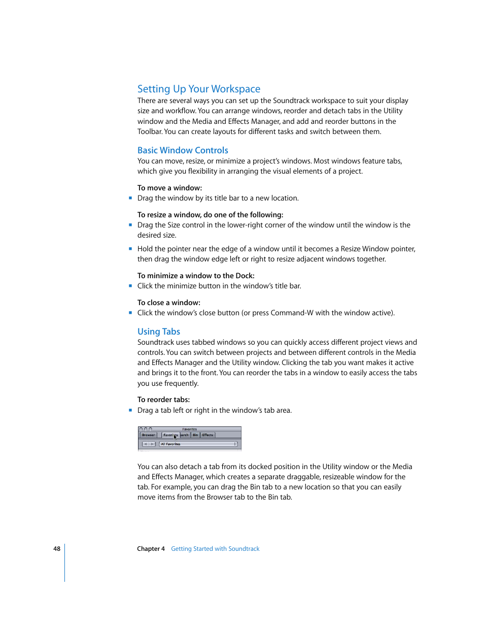 Setting up your workspace, Basic window controls, Using tabs | Apple Soundtrack User Manual | Page 48 / 209