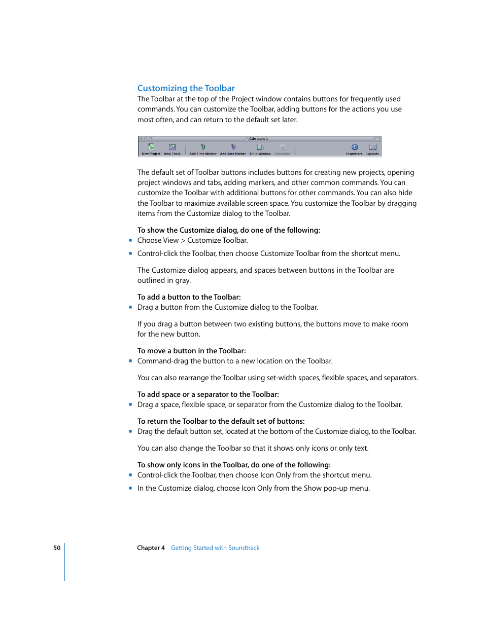 Customizing the toolbar | Apple Soundtrack User Manual | Page 50 / 209