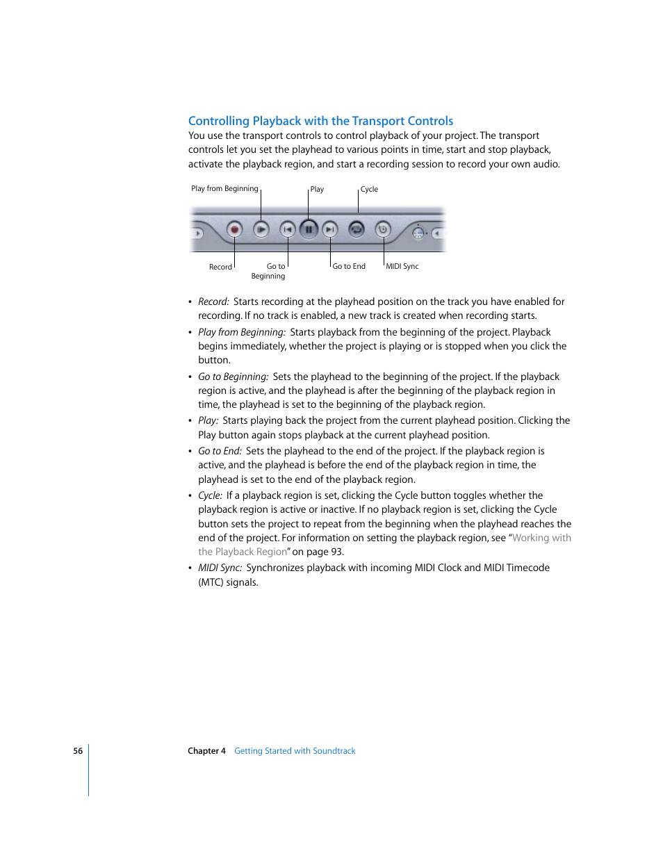 Controlling playback with the transport controls, Controlling playback with the, Transport controls | Apple Soundtrack User Manual | Page 56 / 209