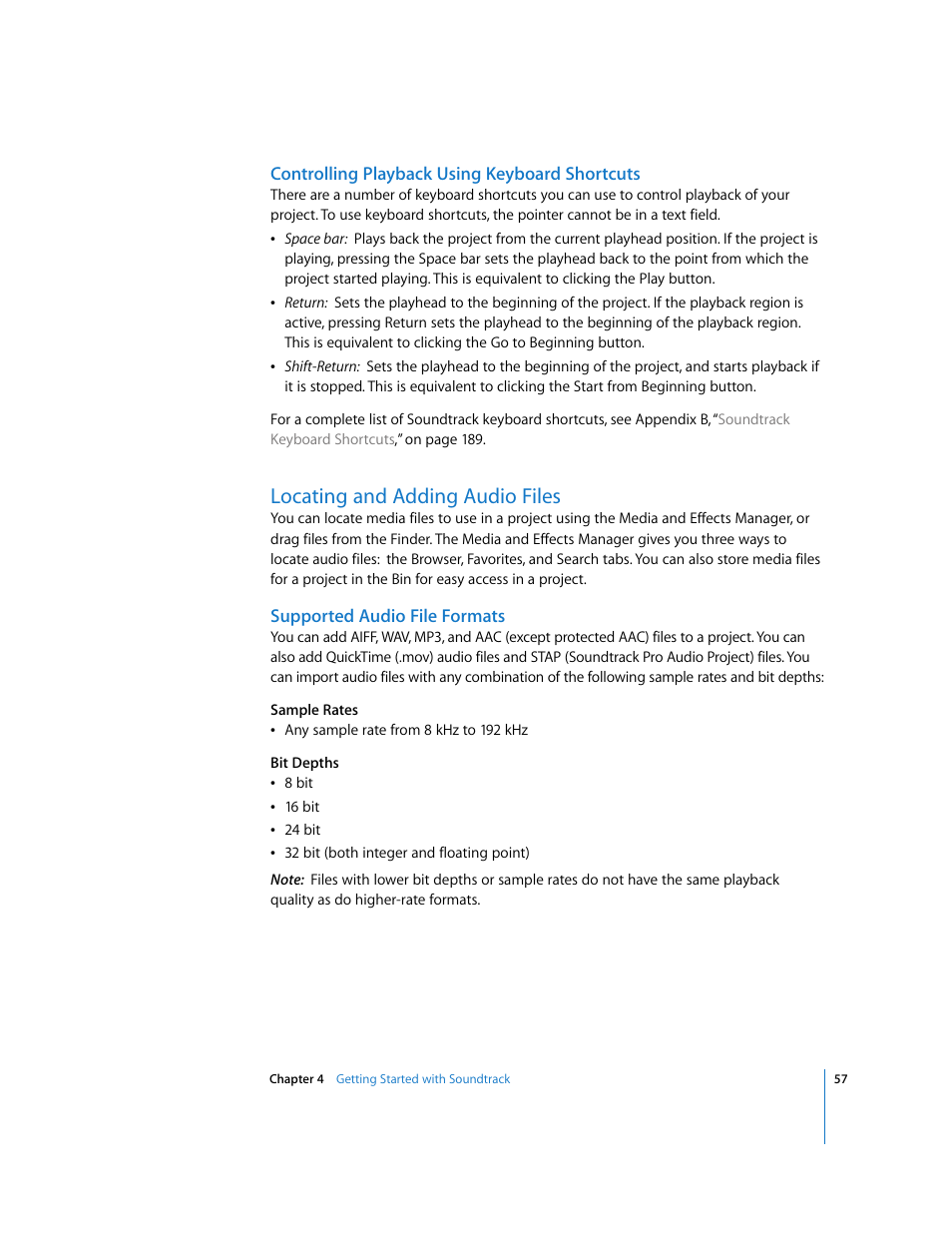 Controlling playback using keyboard shortcuts, Locating and adding audio files, Supported audio file formats | Apple Soundtrack User Manual | Page 57 / 209