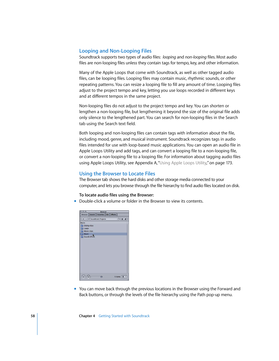 Looping and non-looping files, Using the browser to locate files | Apple Soundtrack User Manual | Page 58 / 209