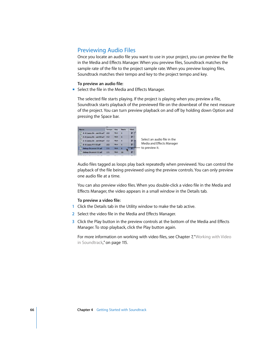 Previewing audio files | Apple Soundtrack User Manual | Page 66 / 209