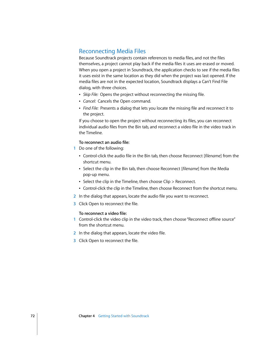 Reconnecting media files | Apple Soundtrack User Manual | Page 72 / 209