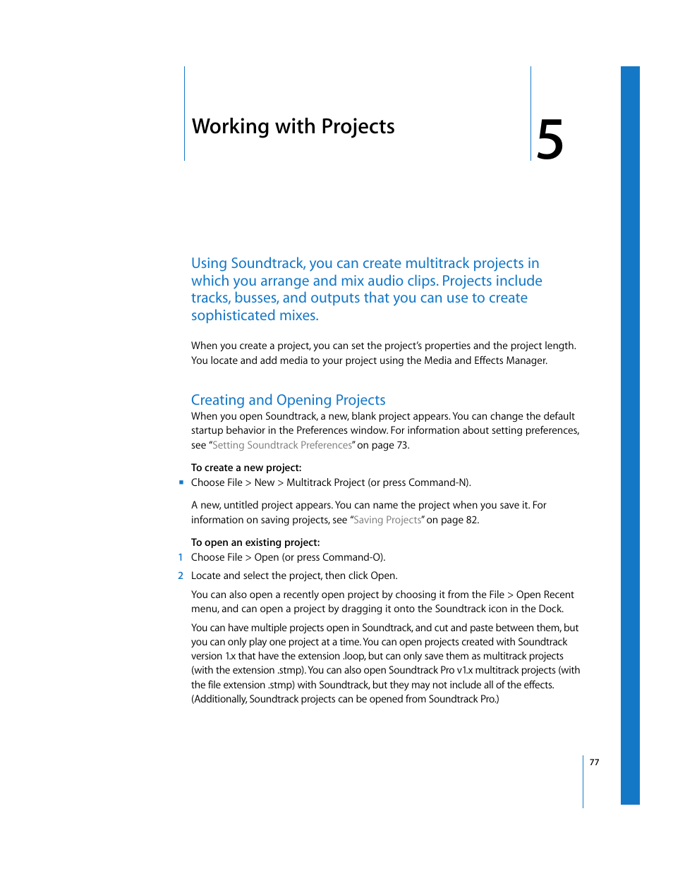 Working with projects, Creating and opening projects, Chapter 5 | Apple Soundtrack User Manual | Page 77 / 209