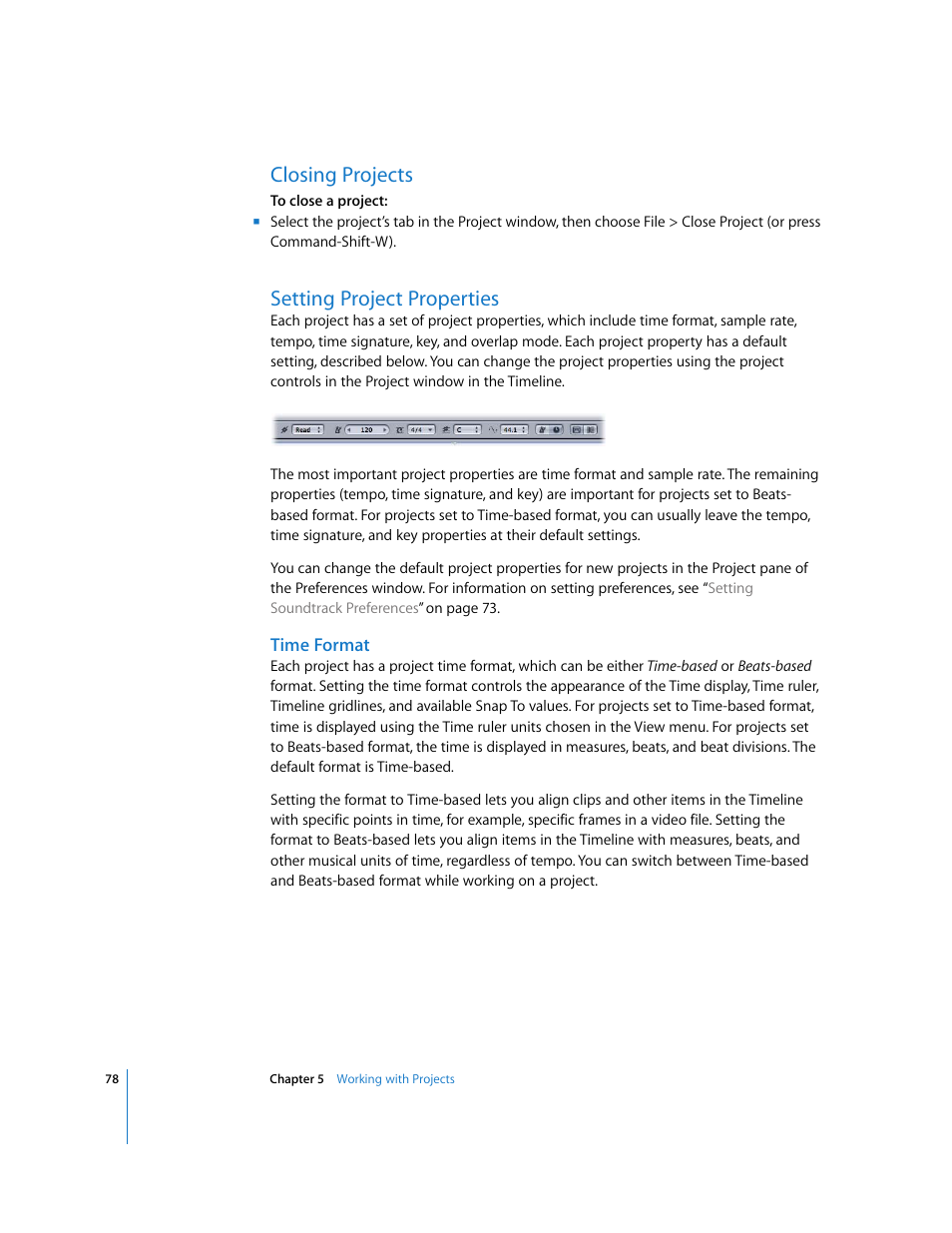 Closing projects, Setting project properties, Time format | Apple Soundtrack User Manual | Page 78 / 209