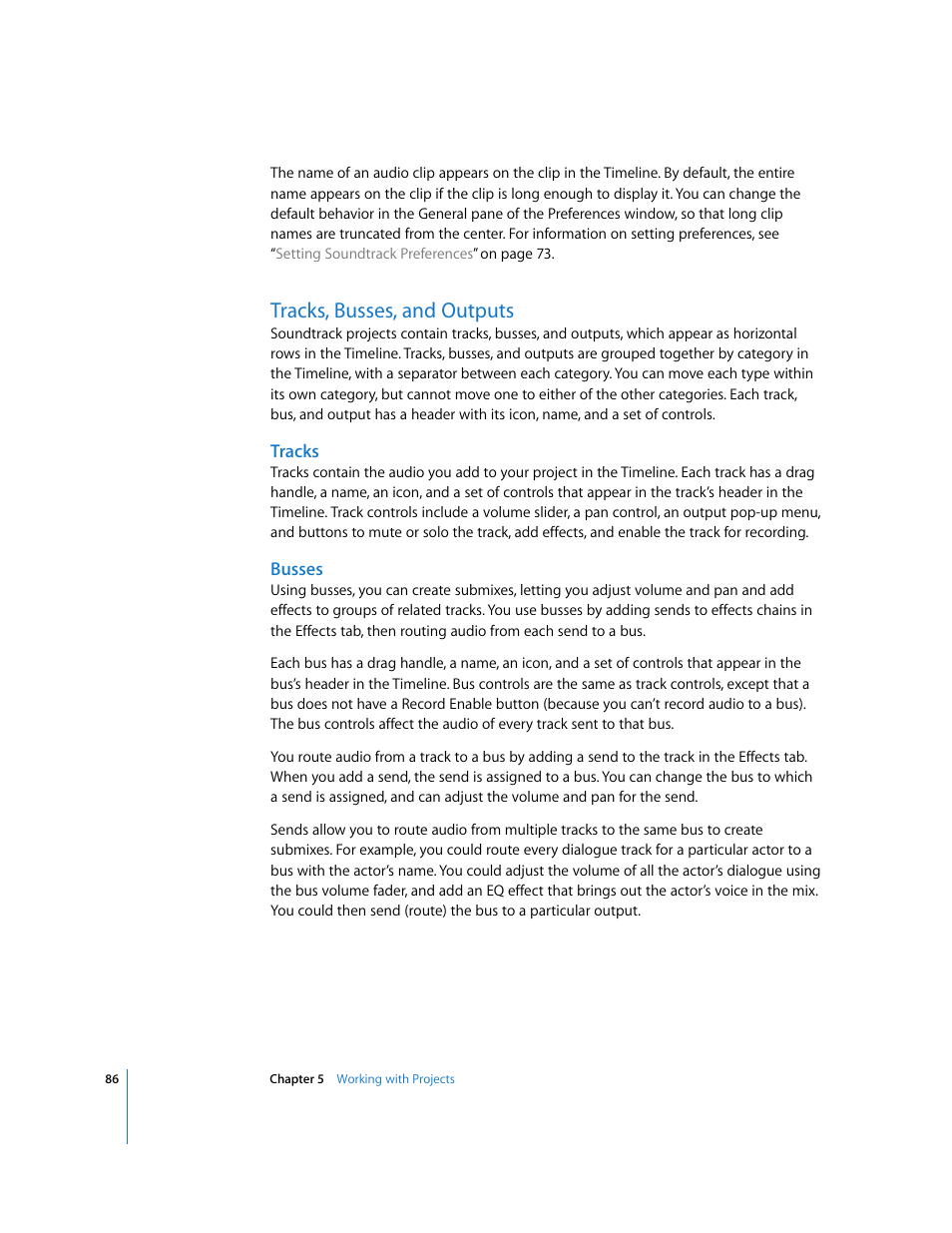 Tracks, busses, and outputs, Tracks, Busses | Apple Soundtrack User Manual | Page 86 / 209