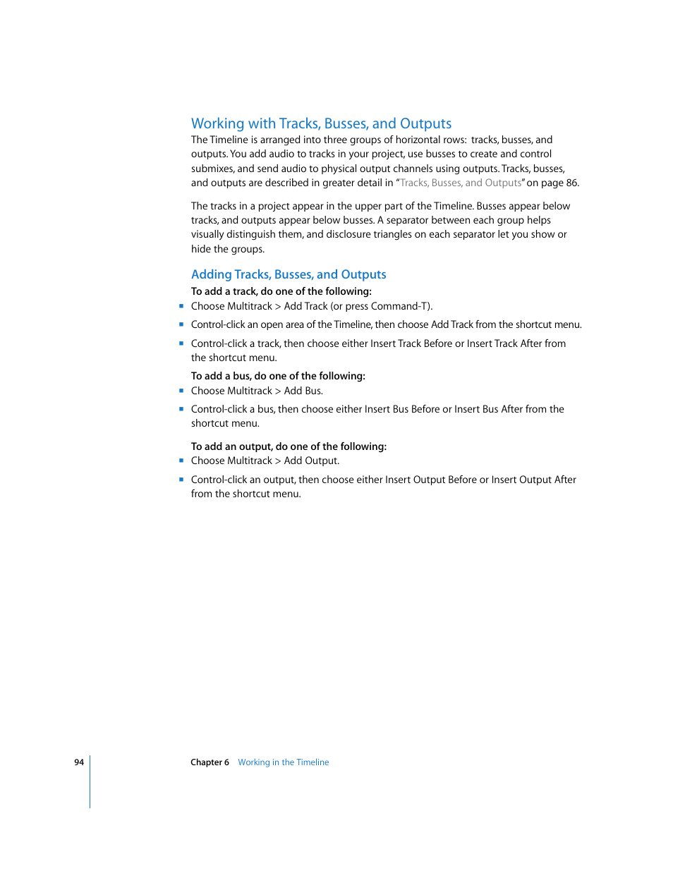 Working with tracks, busses, and outputs, Adding tracks, busses, and outputs | Apple Soundtrack User Manual | Page 94 / 209