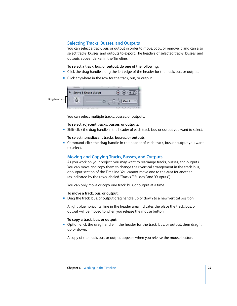 Selecting tracks, busses, and outputs, Moving and copying tracks, busses, and outputs | Apple Soundtrack User Manual | Page 95 / 209