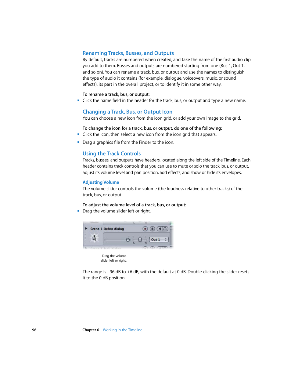 Renaming tracks, busses, and outputs, Changing a track, bus, or output icon, Using the track controls | Apple Soundtrack User Manual | Page 96 / 209