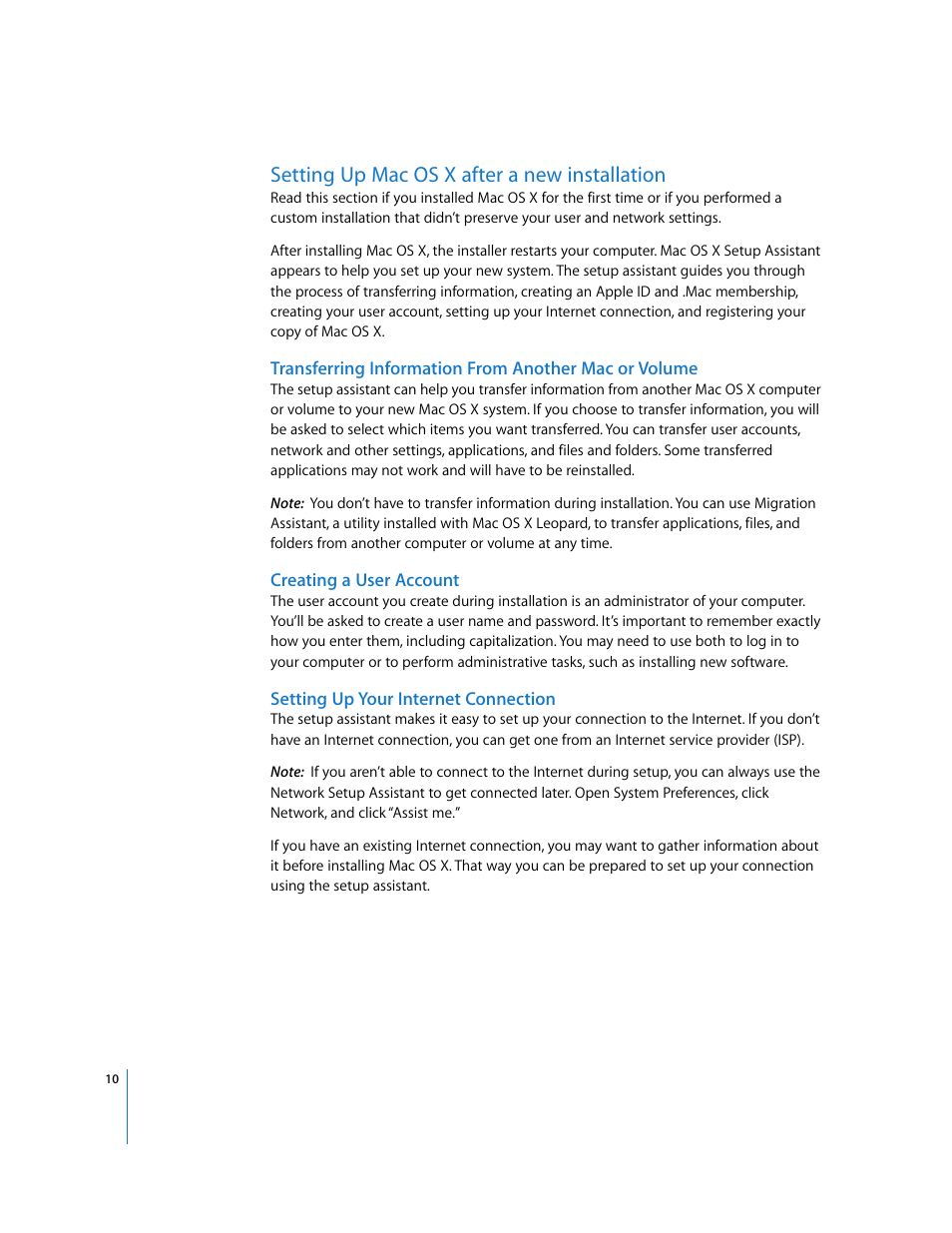 Setting up macosx after a new installation, Creating a user account, Setting up your internet connection | Setting up mac os x after a new installation | Apple Mac OS X v10.5 Leopard User Manual | Page 10 / 16