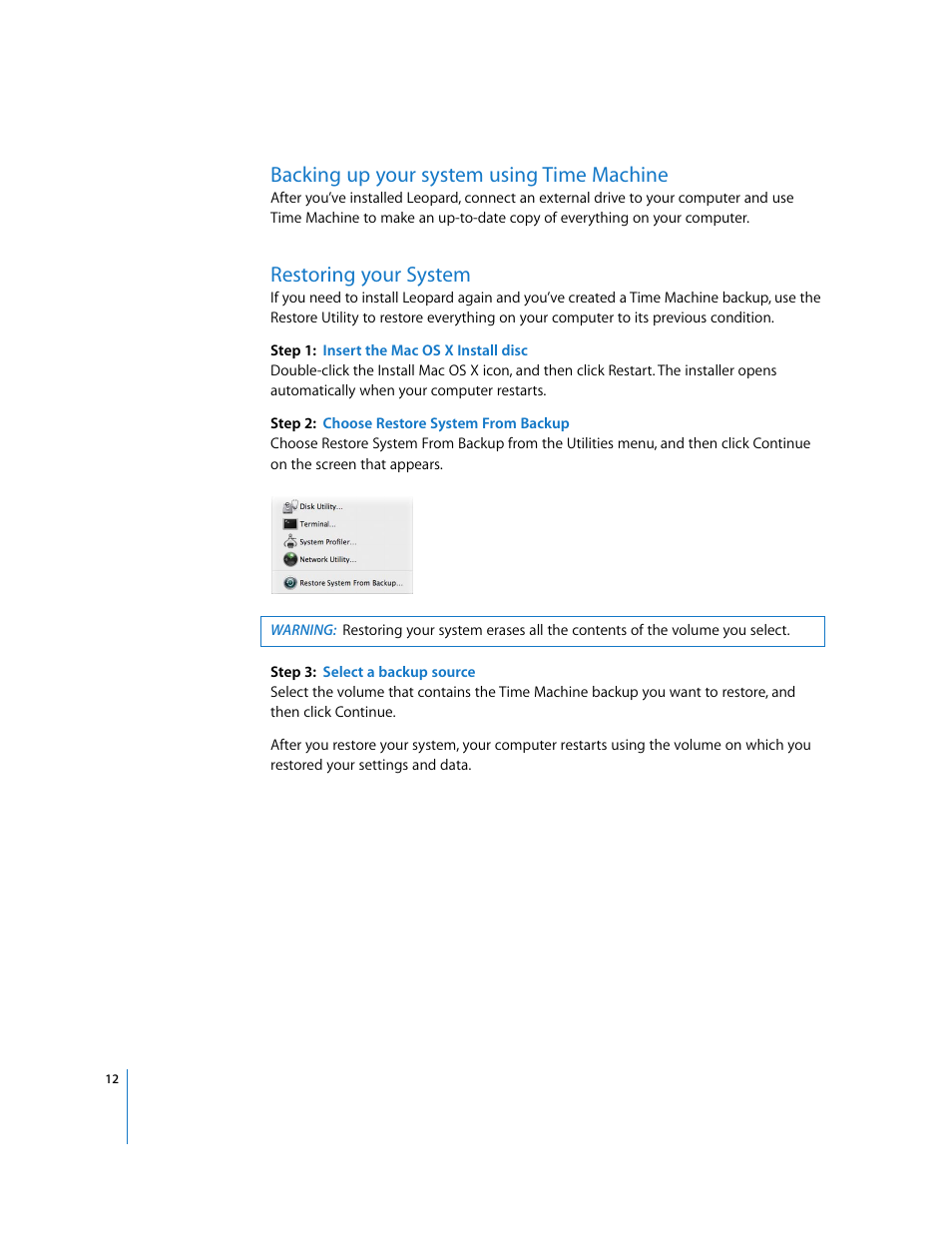 Backing up your system using time machine, Restoring your system | Apple Mac OS X v10.5 Leopard User Manual | Page 12 / 16
